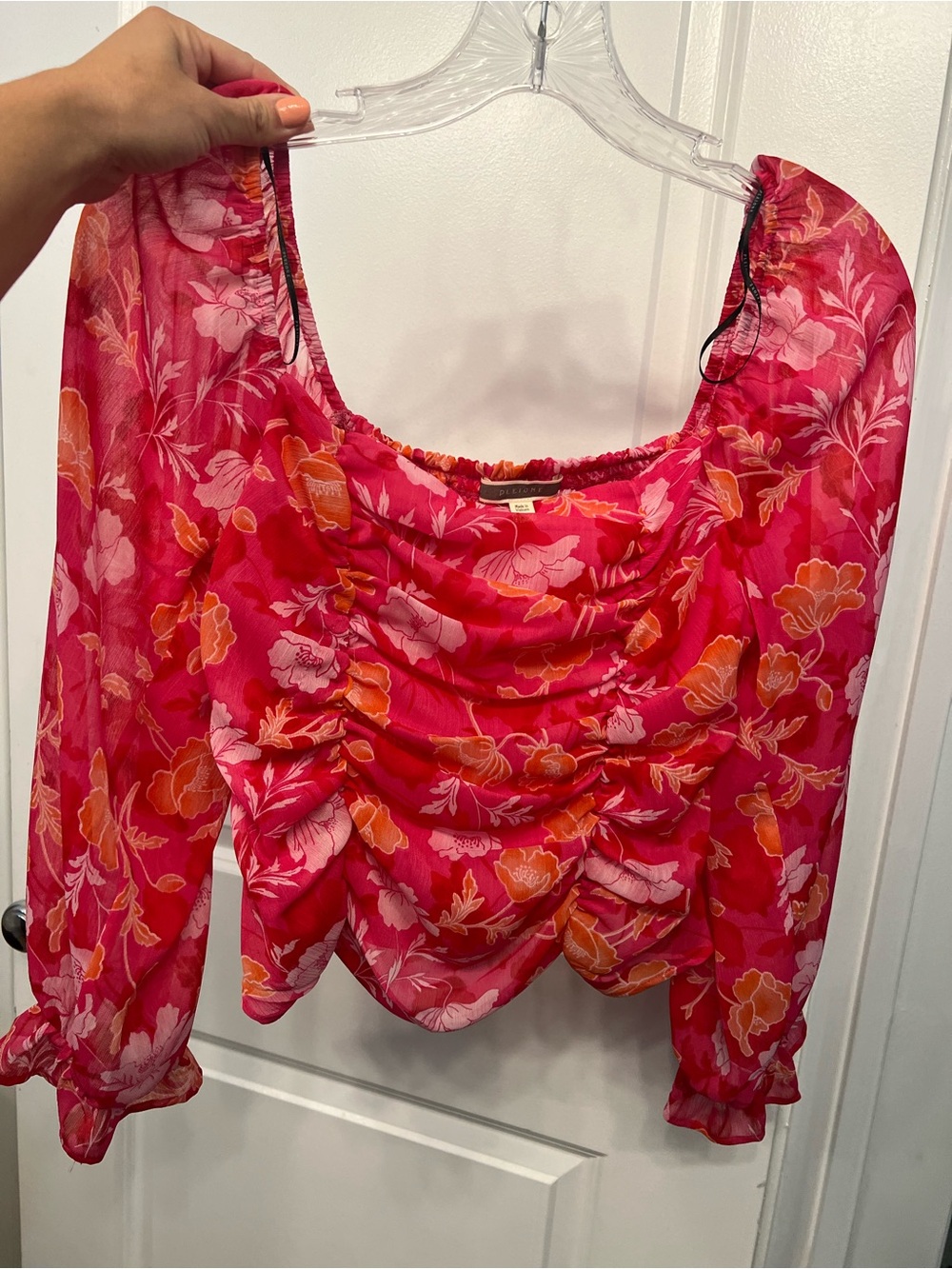 Pleione Pink and Orange Floral Ruched Square-Neck Blouse